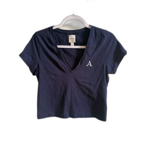 Anthropologie Maeve Monogram Initial A V-Neck Crop Top Navy Blue Size M